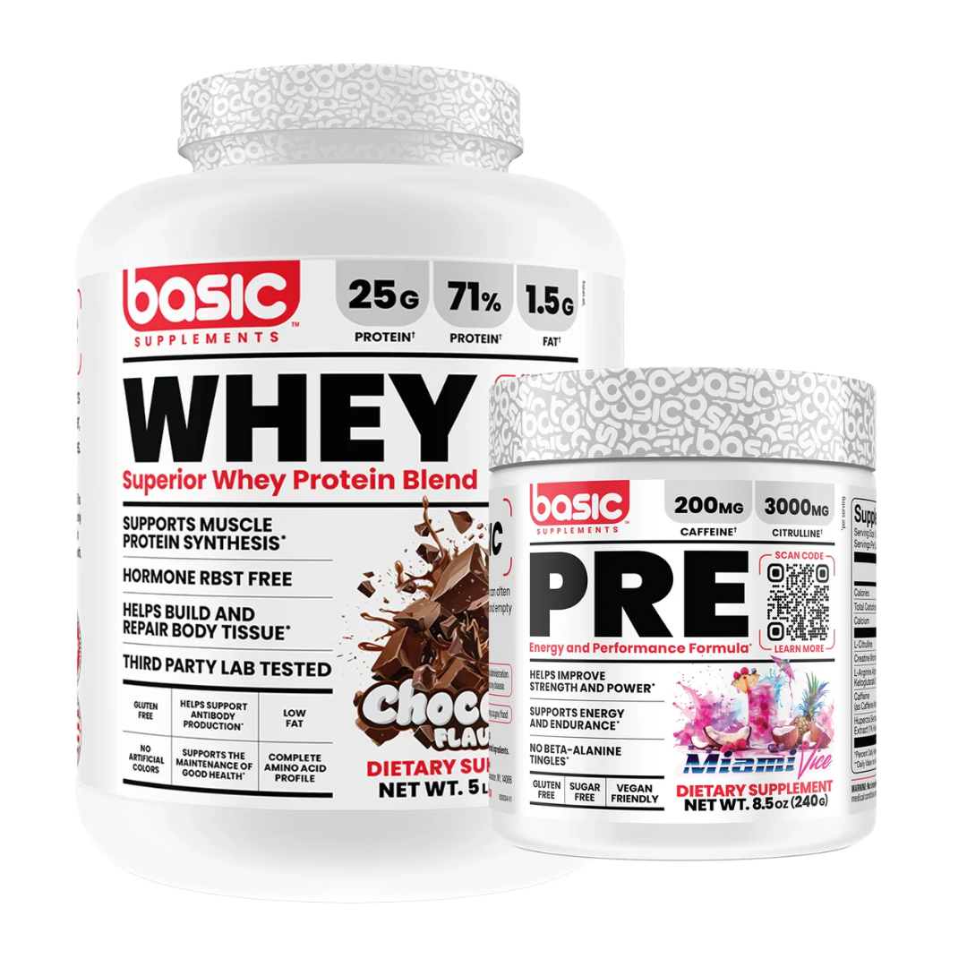 Basic Supplements Whey Protein Blend High-Quality Muscle Recovery Support Powder 5lb + FREE PRE WORKOUT