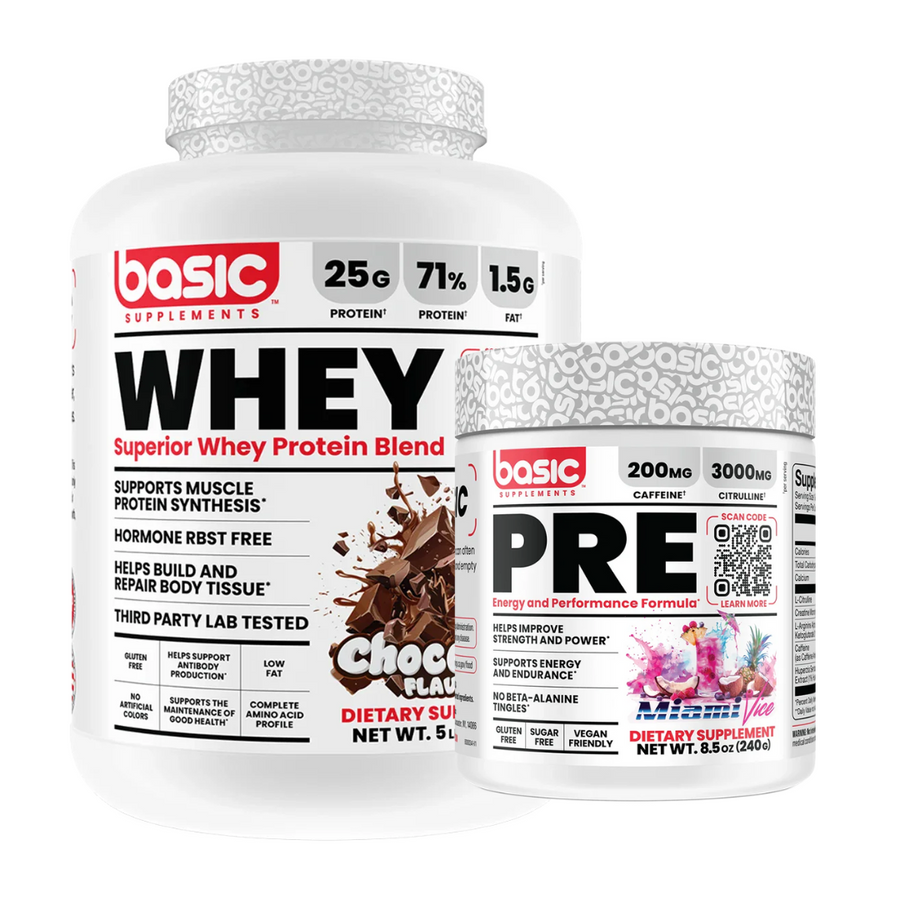 Basic Supplements Whey Protein Blend High-Quality Muscle Recovery Support Powder 5lb + FREE PRE WORKOUT