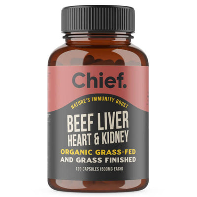 Chief Organic Beef Liver Heart & Kidney 120 Caps  + FREE Chief Sampler  ( sampler dated OCT 2025 )