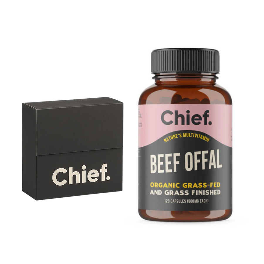 Chief Organic Beef Offal 120 Caps  + FREE Chief Sampler  ( sampler dated OCT 2025 )