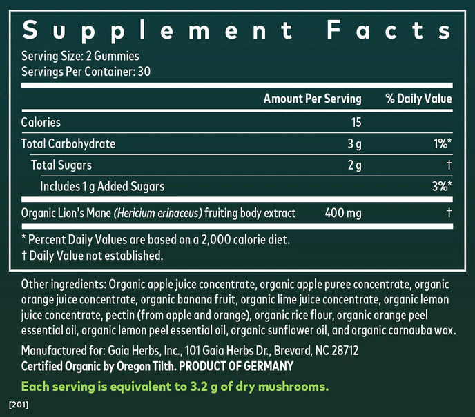 Gaia Herbs Lion's Mane Gummies 60 — Organic, Low-Sugar Brain Support