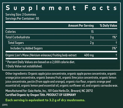 Gaia Herbs Lion's Mane Gummies 60 — Organic, Low-Sugar Brain Support