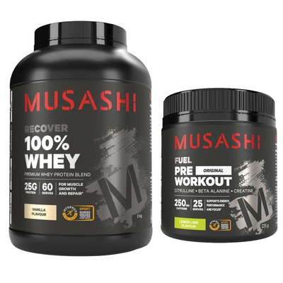 Musashi 100% Whey 2kg  + FREE Musashi Pre Workout ( Pre Workout flavour random )