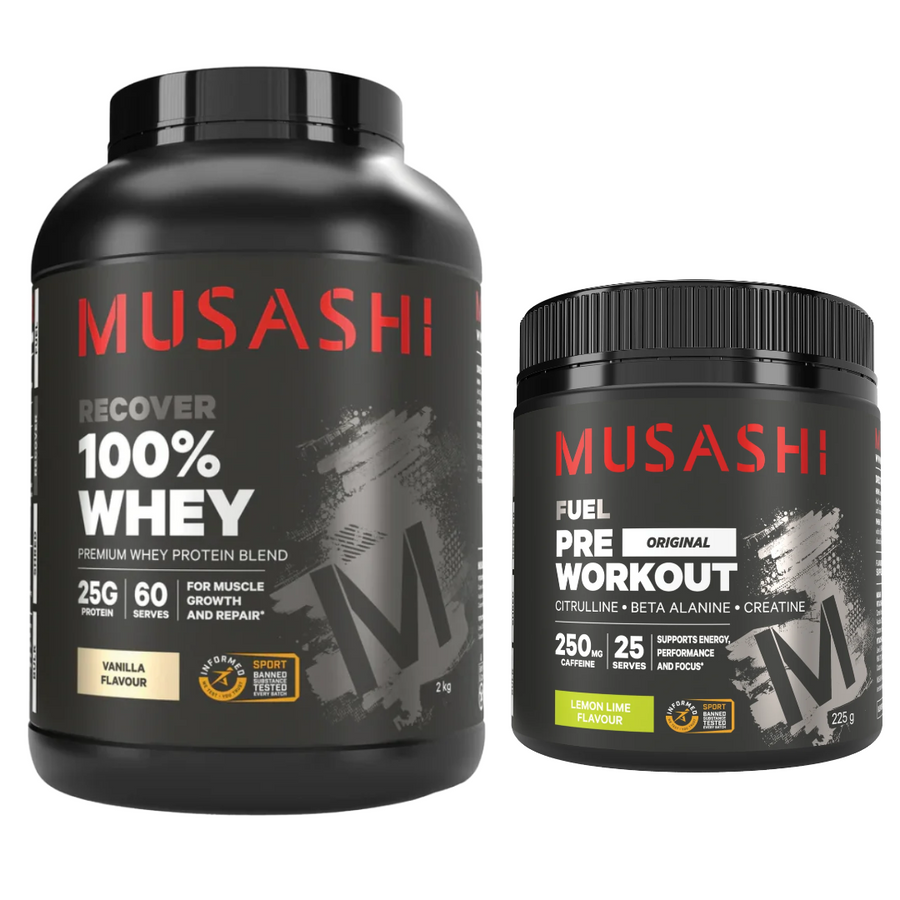 Musashi 100% Whey 2kg  + FREE Musashi Pre Workout ( Pre Workout flavour random )