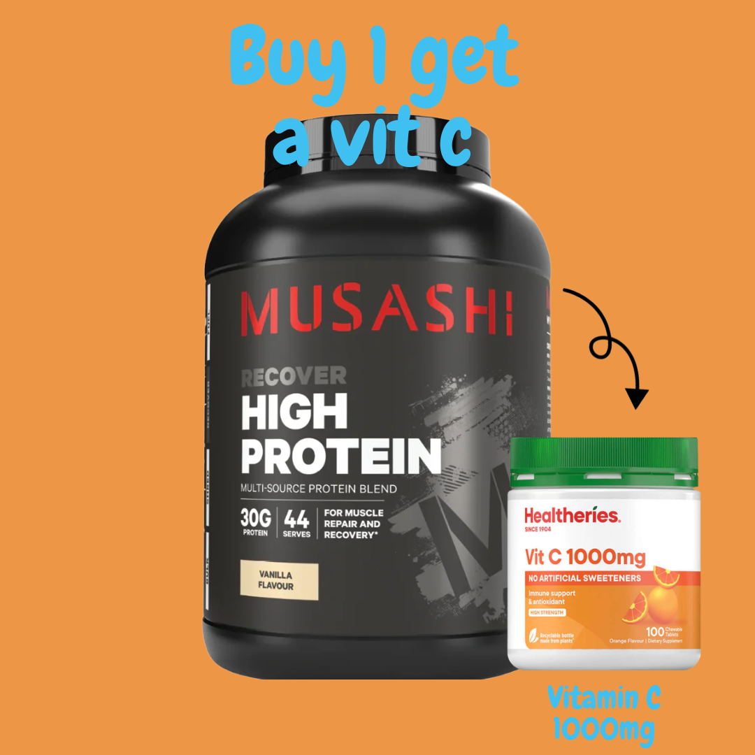 Musashi High Protein 2kg + FREE Healtheries Vitamin C 1000mg 100 Chewable Tablets