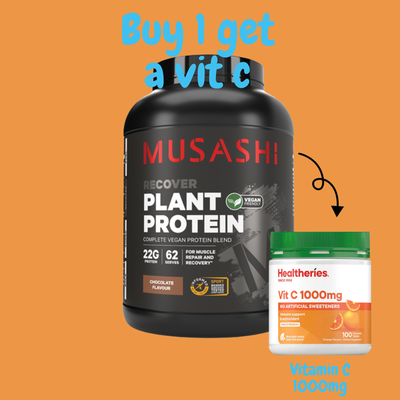 Musashi Plant Protein 2kg + FREE Healtheries Vitamin C 1000mg 100 Chewable Tablets