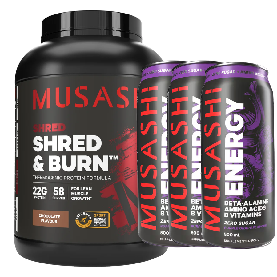 Musashi Shred & Burn Protein 2kg + 3 x FREE Musashi Cans