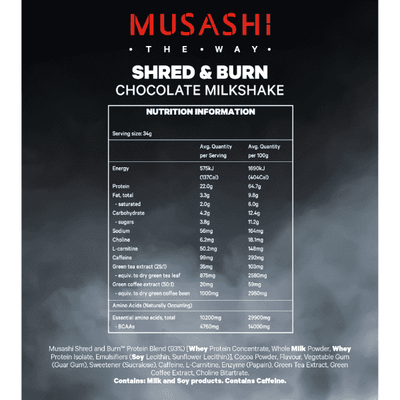 Musashi Shred & Burn Protein 340g CLEARANCE Short Dated end of 05/2026