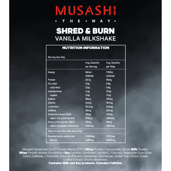 Musashi Shred & Burn Protein 340g CLEARANCE Short Dated end of 05/2026