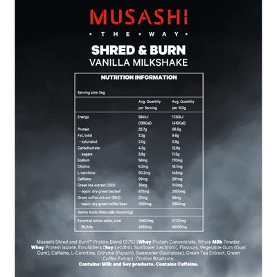 Musashi Shred & Burn Protein 340g CLEARANCE Short Dated end of 05/2026
