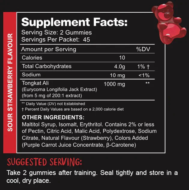 Swoleys Testie Chews Sour Strawberry Gummies Natural Tongkat Ali Booster