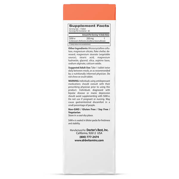 Doctor's Best SAM-e 200mg 60 Tabs CLEARANCE Short Dated end of 30/11/2026