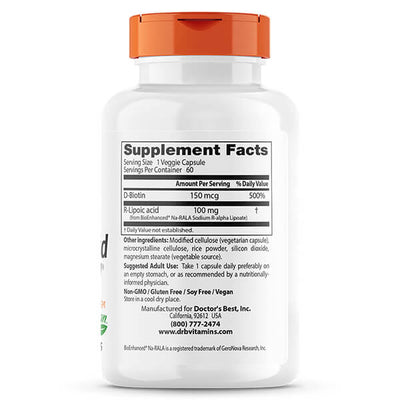 Doctor's Best Stabilized R-Lipoic Acid with Na-RALA 100mg 60 Veggie Caps CLEARANCE Short Dated end of 01/2026