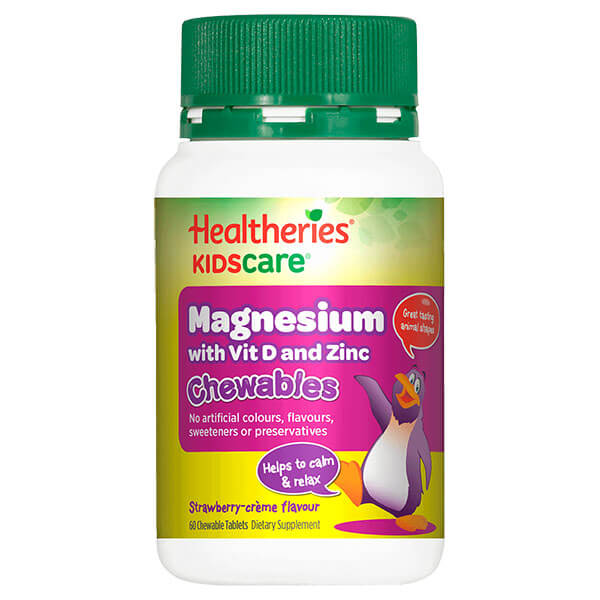 Healtheries KidsCare Magnesium with Vit D & Zinc 60 Chewable Tabs CLEARANCE Short Dated end of 04/2026