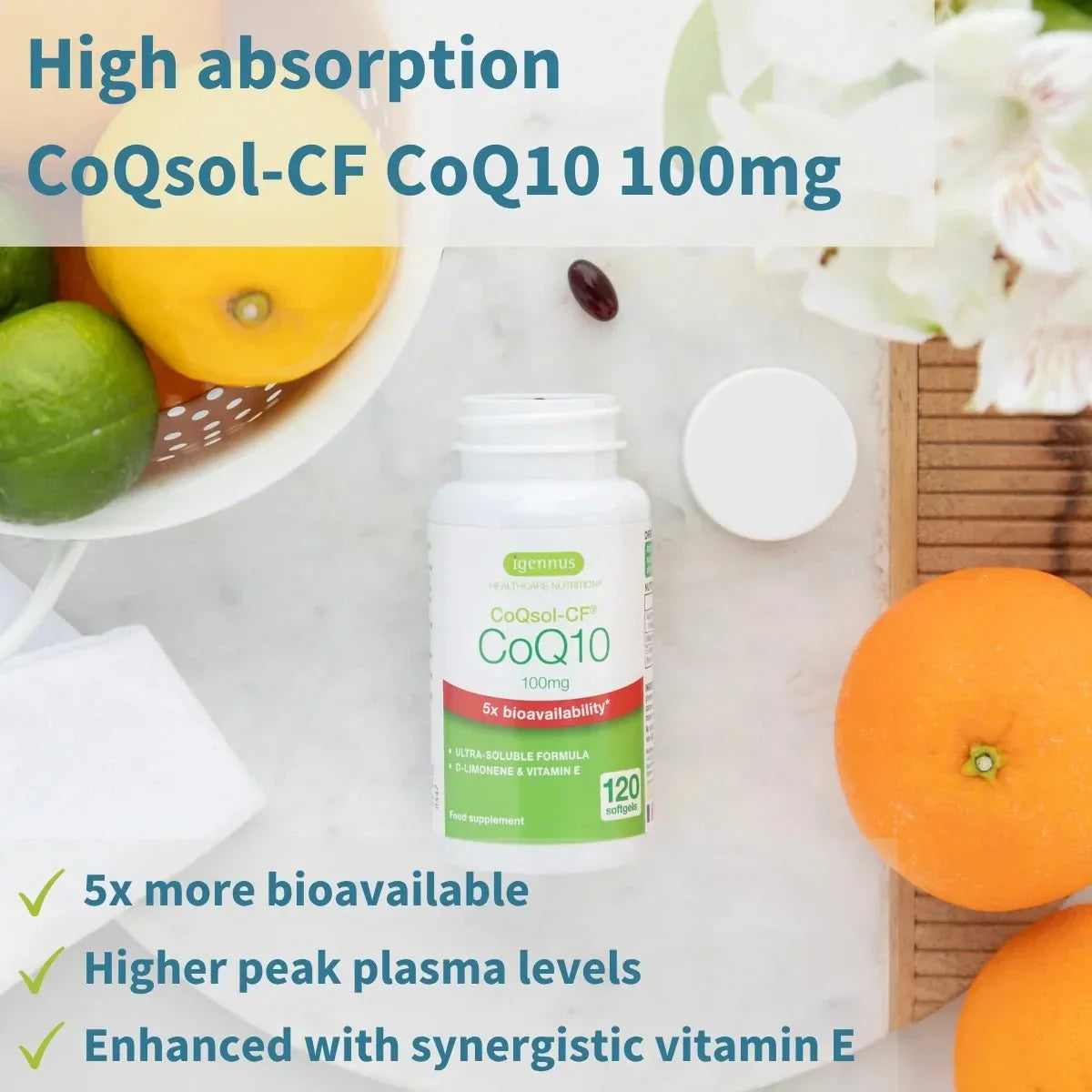 Igennus CoQ10 100mg - High Absorption CoQsol-CF with Vitamin E & D-Limonene 4 MONTH SUPPLY