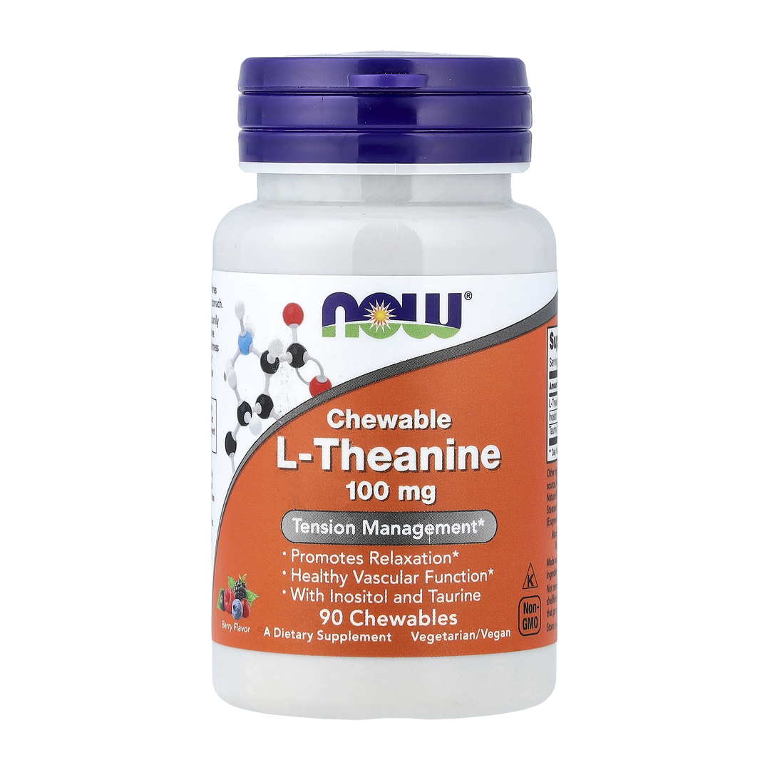 NOW Chewable L-Theanine 100mg Berry 90 chewables bottle front