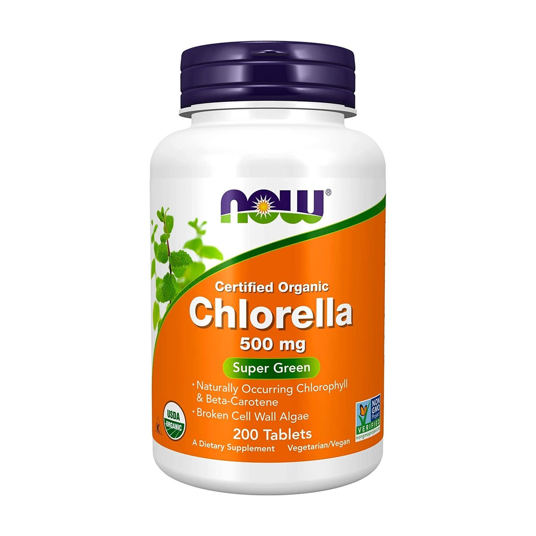 NOW Chlorella 500mg Certified Organic 200 tablets bottle front
