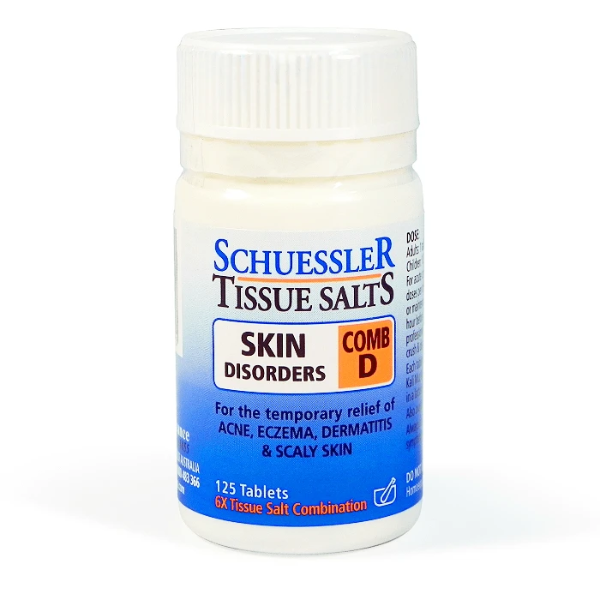 Schuessler Tissue Salts Combination D Skin Disorders 125 Tabs CLEARANCE Short Dated end of 12/2025