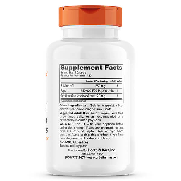 Doctor's Best Betaine HCL Pepsin and Gentian Bitters 120 Capsules